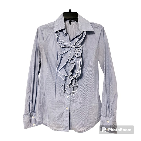 Vintage Y2K Pale Blue Pinstripe Blouse with Ruffle Accent Sz M - Picture 1 of 10